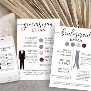 Bridesmaid and Groomsman Information Card Set, Printable Best Man Details, Maid of Honor Card, Wedding Party Info Editable PPW0550 Grace