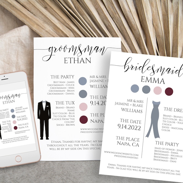 Bridesmaid and Groomsman Information Card Set, Printable Best Man Details, Maid of Honor Card, Wedding Party Info Editable PPW0550 Grace