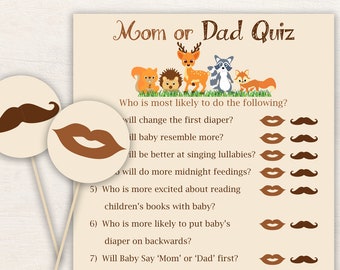 Mom or Dad Quiz ~ Woodland Animal Baby Shower Game ~ Gender Neutral Theme ~ Mustache and Lip Paddle Circles ~ Printable Game 0046