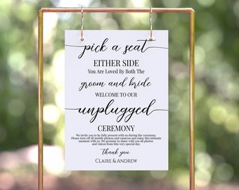 Unplugged Wedding Sign, Pick a Seat Easel Sign, Printable Welcome Sign, 100% Editable Template, Corjl PPW16 MAE