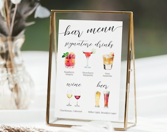 Wedding Bar Menu, Event Drink List, Watercolor Cocktail Menu Sign,  Elegant Calligraphy, Editable Card Template, Corjl PPW16 MAE