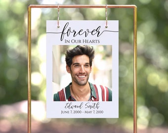 Memorial Sign, Forever In Our Hearts, Celebration of Life, Welcome Picture, Funeral, Easel Display Sign, Editable Corjl Template PPF550