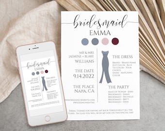 Bridesmaids Information Card, Printable Bridesmaid Details, Letter to Bridesmaid, Maid of Honor Proposal Box Editable PPW0550 Grace