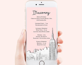 New York City Skyline Sketch, Pink Electronic Itinerary Template, Evite, Hen Party, Bridal Shower, Details, Itinerary PPW40 HUDSON