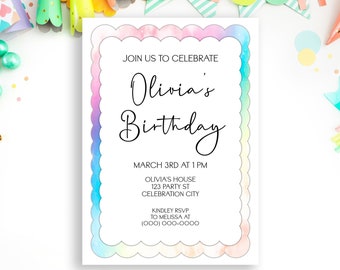 Rainbow Birthday Party Invitation Template, Kids Birthday, Editable Printable, Age Birthday Invite, Paperless Post Template 240008