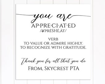 Teacher Appreciation Week Tag and Sign, Appreciated Definition Gift Tag Printable, Thank You Card, Teacher Gift Sign, Editable TAW-MAE16-A