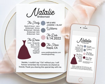 Bridesmaids Information Card, Printable Bridesmaid Details, Letter to Bridesmaid, Modern Maid of Honor Proposal Box Editable ELLA PPW300