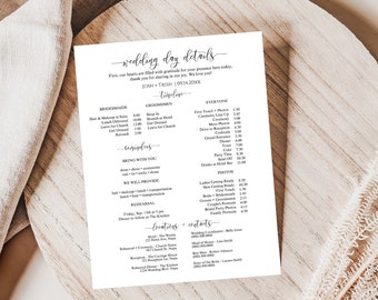 Wedding Day Timeline Template, Printable Wedding Schedule, Groomsmen Itinerary, Bridesmaid Agenda, Wedding Party Handout PPW551 ELLE