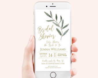 Bridal Shower, Electronic Invitation, Evite, Digital, Text Message, Editable Phone Invite, Gold and Greenery, Editable Template PPW800