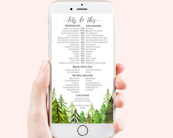 Itinerary, Electronic Wedding Party Timeline, Evite, Phone Text Invite, Editable Text, 100% Editable Template, Corjl LINDEN PPW410