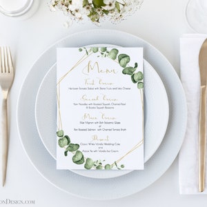 Greenery Wedding Reception Menu Template, Gold Geometric Table Decor, Printable Editable PPW0445 image 1