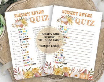 Harvest Pumpkin Emoji Nursery Rhymes Quiz ~ Fall Baby Shower ~ Gender Neutral Pumpkin Design ~ Printable Game PPB600