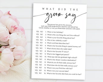 What did the Groom Say | Bridal Shower Games | Questions for Groom | Bachelorette Party | | Printable PDF | Instant Download | PPW552 FAYE