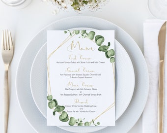 Greenery Wedding Reception Menu Template, Gold Geometric Table Decor, Printable Editable PPW0445