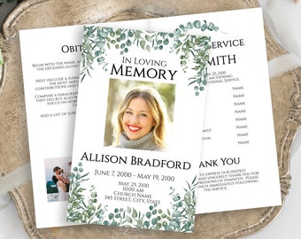 Celebration of Life Program, Funeral Order of Events, Greenery Printable Template, Editable Corjl Template PPF440