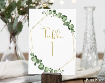 Greenery Wedding Table Number Template, Gold Geometric Table Decor, Printable Editable PPW0445