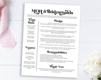 Bridesmaid Pledge Card, MOH Responsibilities , Modern Retro Design,  Bridal Party Proposal Personalize Editable PPW74