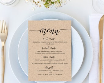 Modern Rustic Wedding Menu Template, Script Font Menu Card, 100% Editable, Templett PPW0550