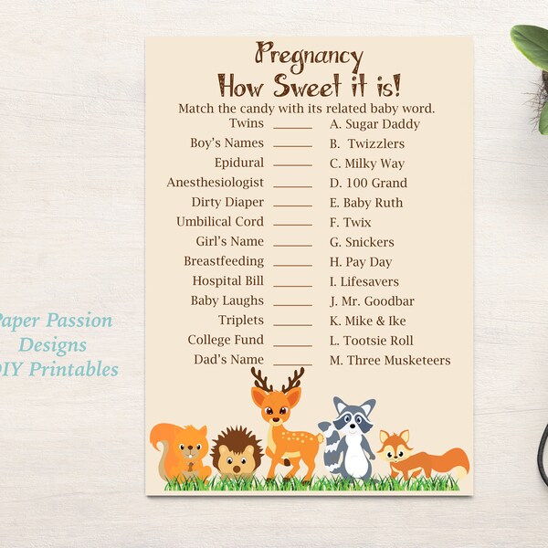 Pregnancy How Sweet It Is Game ~ Woodland Animal Baby Shower Game ~ Gender Neutral Theme ~ Printable Game 0046
