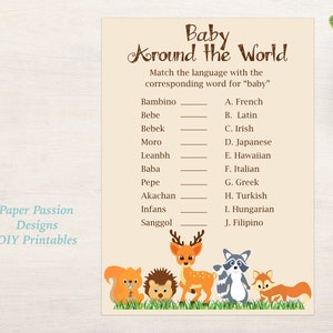 Baby Around the World Shower Game ~ Woodland Animal Baby Shower Game ~ Gender Neutral Theme ~ Printable Game 0046