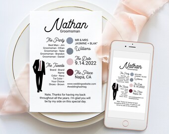 Groomsman Information Card, Printable Best Man Details, Note to Groomsmen, Modern Wedding Party Detail Cards Editable ELLA PPW300