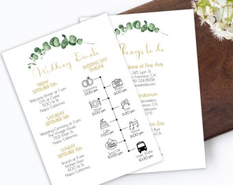 Gold Frame Greenery Wedding Weekend Schedule of Events Timeline, Out of Town Guests Things To Do Printable Editable PPW0445