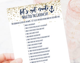 Bachelorette Game Template, What Did the Groom Say Question Game, Nautical, Let's Get Nauti, Bridal Shower Activity MARIN PPW28