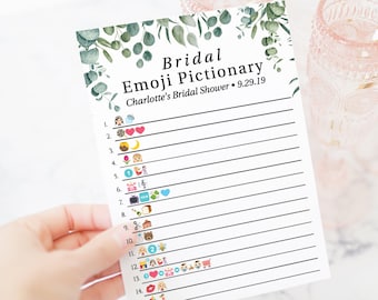 Greenery Wedding and Bridal Emoji Pictionary Game Template, Bridal Shower Printable Editable PPW0440