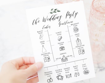 Greenery Wedding Party Timeline and Details Template, Wedding Day Schedule, Bridal Party Printable Printable Editable  PPW0450