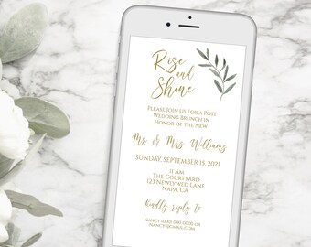 Post Wedding Brunch Invitation, Wedding  Evite, Invite Electronic, Gold Greenery, Mobile Phone Format, 100% Editable PPW800