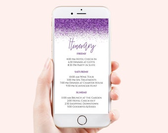 Glitter Itinerary, Hen Party, Electronic Invitation, Bachelorette, Bridal Shower, Purple Glitter Theme Event, Editable Template, PPW90Purple