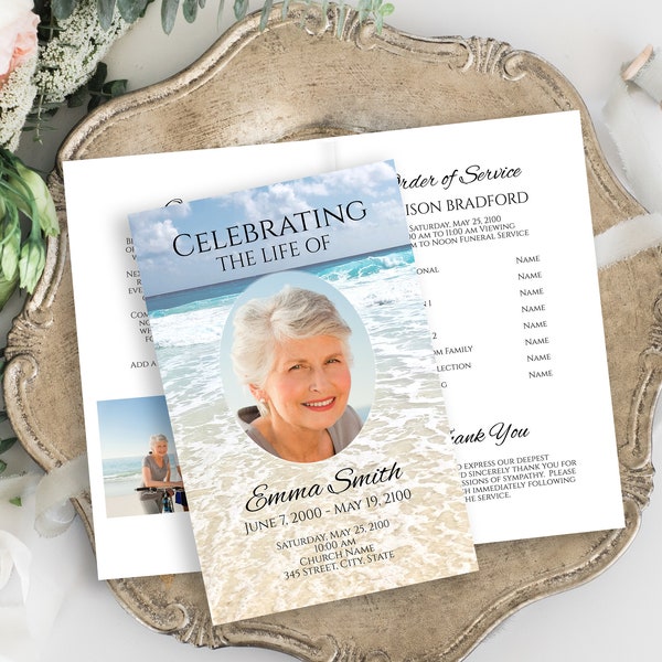 Beach Memorial Program, Folding Pamphlet, Ocean Celebration of Life, Funeral Poem Card, Editable Corjl Template PPF100 DANA