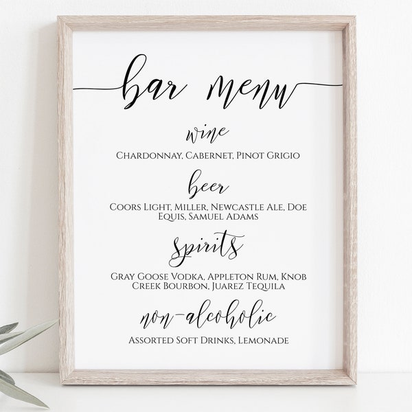 Bar Menu, Wedding Reception Drink Menu, Wedding Printable, Instant Download 100% Editable  PPW0550 Grace