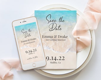 Ocean Beach Theme Save the Date Template, Tropical Wedding Announcement, Ocean Wave, Blush, Blue Printable 100% Editable PPW20 BREE