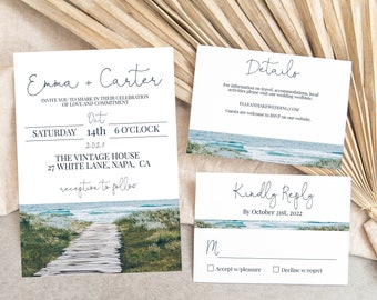 Beach Wedding Invitation Suite Template, Ocean Invite, Details and Reply Card, Wedding Editable Printable PPW18 HAMPTON