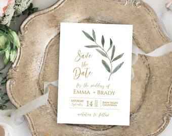 Save the Date, Wedding Announcement, Save Our Date, Gold and Greenery, Editable Corjl Template PPW800