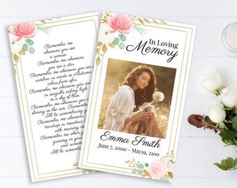 Pink Floral Memorial Prayer Card, Celebration of Life, Gold & Greenery Funeral Poem Card, Editable Corjl Template PPF260