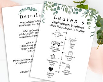 Greenery Wedding Bachelorette Weekend Details & Timeline Template, Bridal Party Printable Editable PPW0440