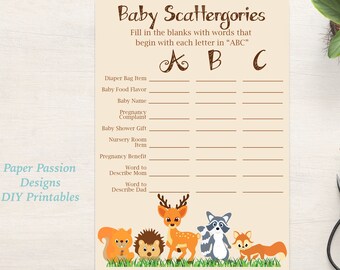 Scattergories Baby Shower ~ Woodland Animal Baby Shower Game ~ Gender Neutral Theme ~ Printable Game 0046