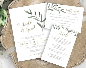 Wedding Invitation Suite, Invite, RSVP, Details Card, Gold and Greenery, Editable Corjl Template PPW800
