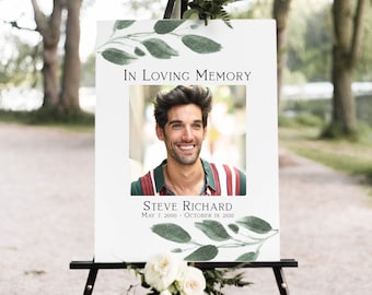 Greenery Memorial Sign, Celebration of Life, In Loving Memory Funeral Welcome Sign, Editable Corjl Template PPF450