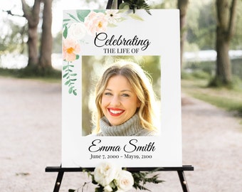 Memorial Sign, Celebration of Life, Celebrating the Life of Photo Sign, Blush Peach Floral, Editable Corjl Template PPF700