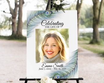 Peacock Feather Memorial Sign, Celebration of Life Welcome Picture, Funeral Collage of Pictures, Easel Display Sign, Editable Corjl PPF4