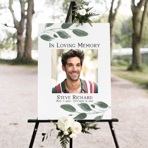 Greenery Memorial Sign, Celebration of Life, In Loving Memory Funeral Welcome Sign, Editable Corjl Template PPF450