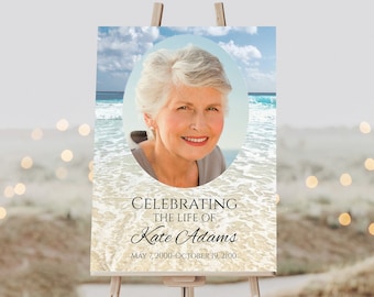 Beach Memorial Sign, Funeral Photo Sign, Ocean Celebration of Life, Editable Corjl Template, Instant Download PPF100 DANA