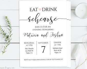 Minimalist Rehearsal Dinner Invitation Template, Wedding Minimalist Eat Drink Invite, Heart Elegant Rehearsal Editable PPW0550 Grace