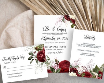 Wedding Invitation Suite, Invite, RSVP, Details Card, Red Floral, Editable Corjl Template PPW189 SCARLET