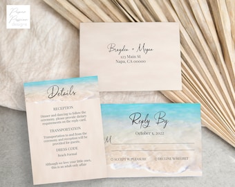 Beach Wedding Invitation Enclosures Template, Reply Card, Details Card, Tropical Wedding, Ocean Wave, Printable Editable PPW20 BREE