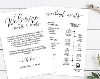 Wedding Welcome Card, Printable Out of Town Timeline, Wedding Day Schedule, Itinerary, Welcome Bag 100% Editable PPW0550 Grace