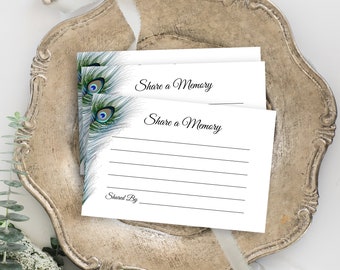 Peacock Feather Memorial Share a Memory Card, Celebration of Life, Funeral Memory Card, Editable Template Corjl PPF4